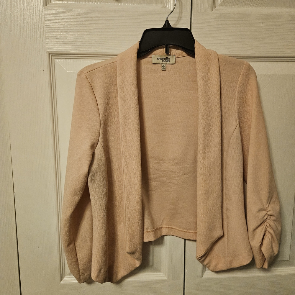 Charlotte Russe Blush Open-Front Cardigan with Ruched Sleeves